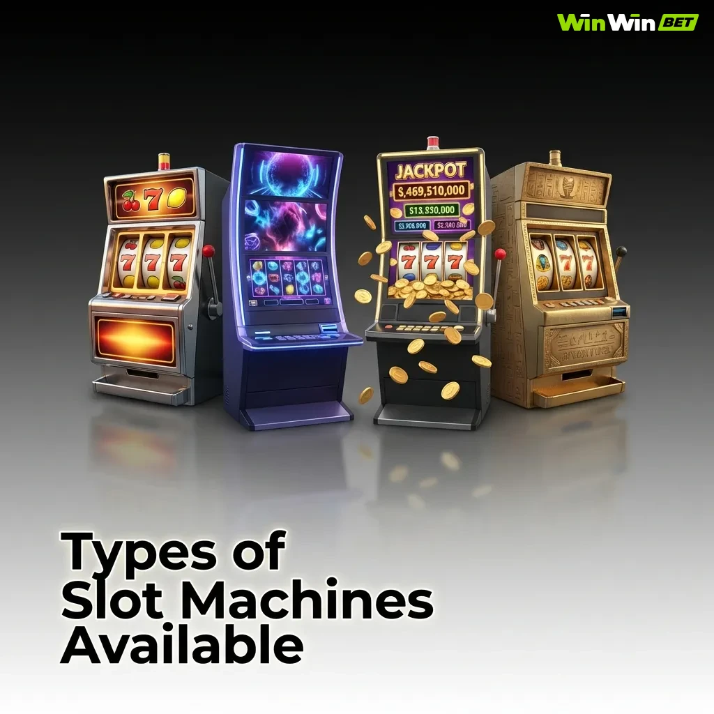 Colorful display of various slot machine types including classic, video, Megaways, and jackpot games on casino floor