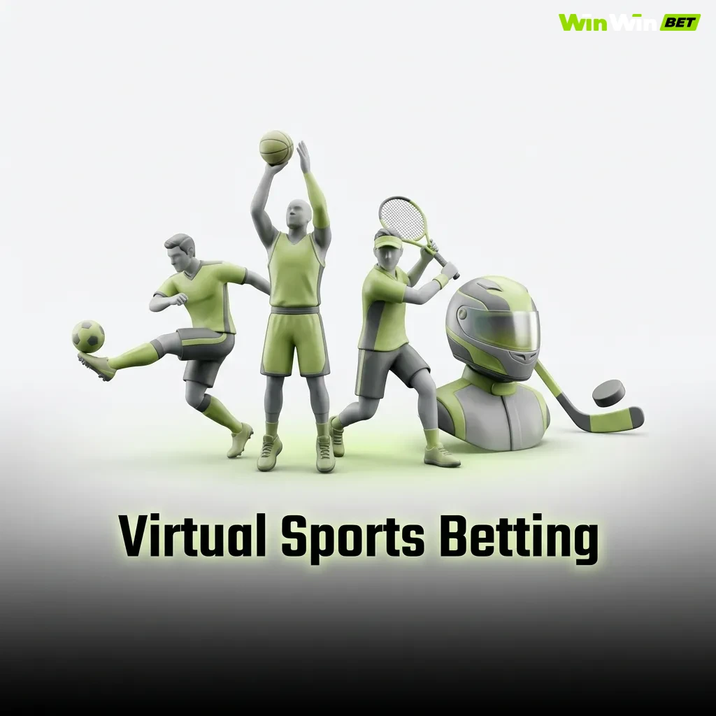 Computer-generated sports action showing virtual football, basketball, and racing with 24/7 betting availability
